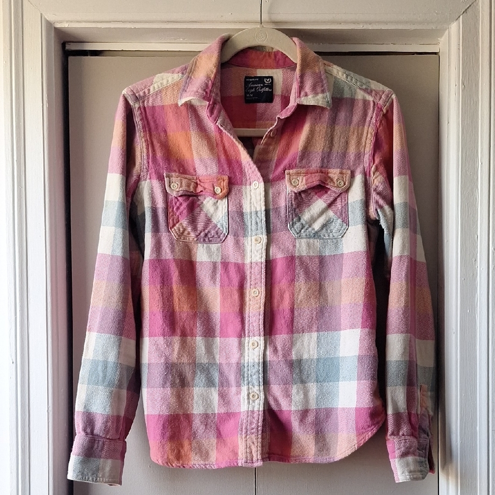 American Eagle Outfitters Pink, White, Blue And Orange Plaid Shirt